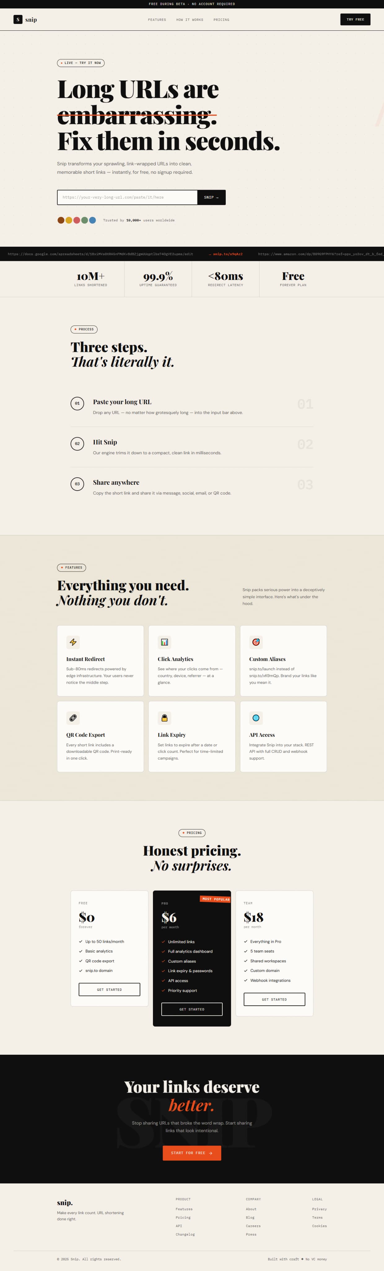 Snip landing page screenshot